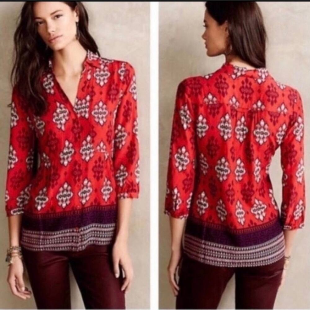Anthropologie Maeve Woodland Walk Red Print Blouse Top size 2